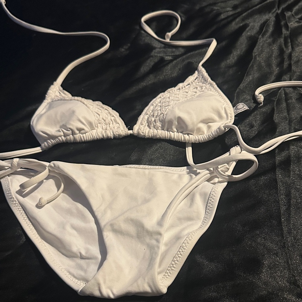 White Crochet Trim Triangle Bikini - Women